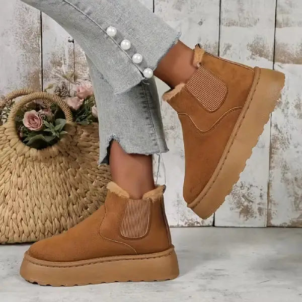 Cozy Fleece‑Lined Platform Ankle Boots – Slip‑On Winter Boots
